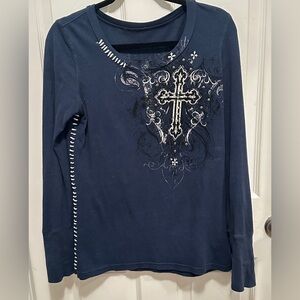 Affliction Navy Long Sleeve Top with Cross Design. Size XL.